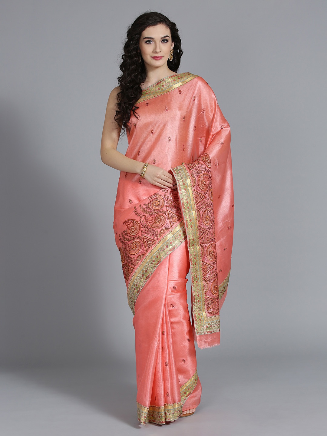 

Mitera Peach-Coloured Art Silk Embroidered Tussar Saree