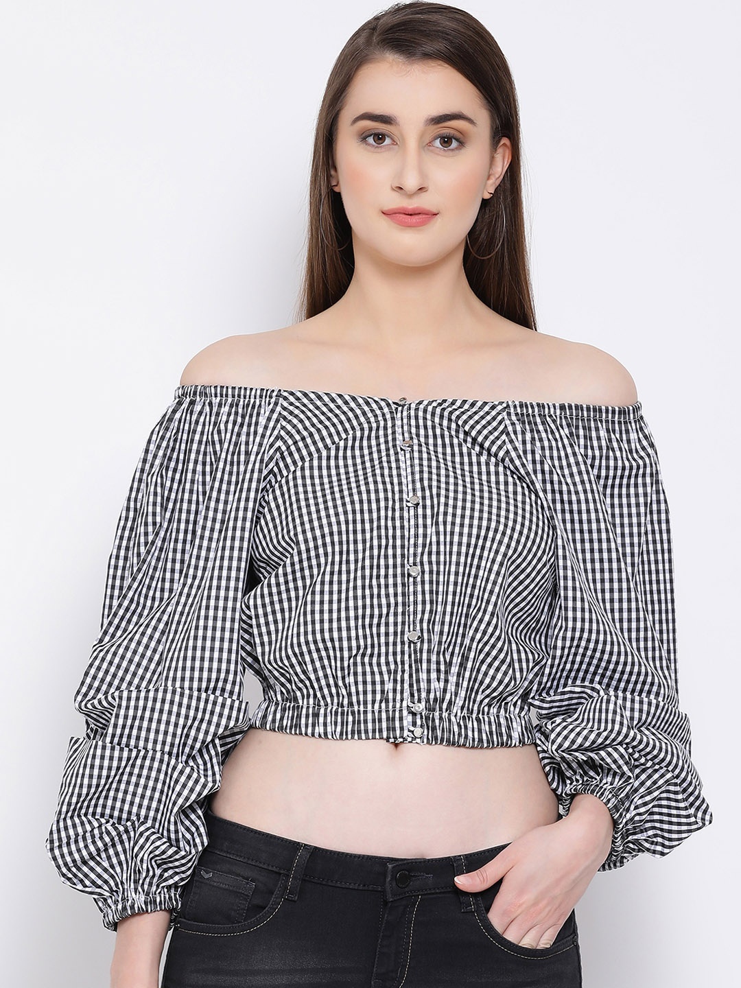 

Oxolloxo Women Grey Checked Blouson Top