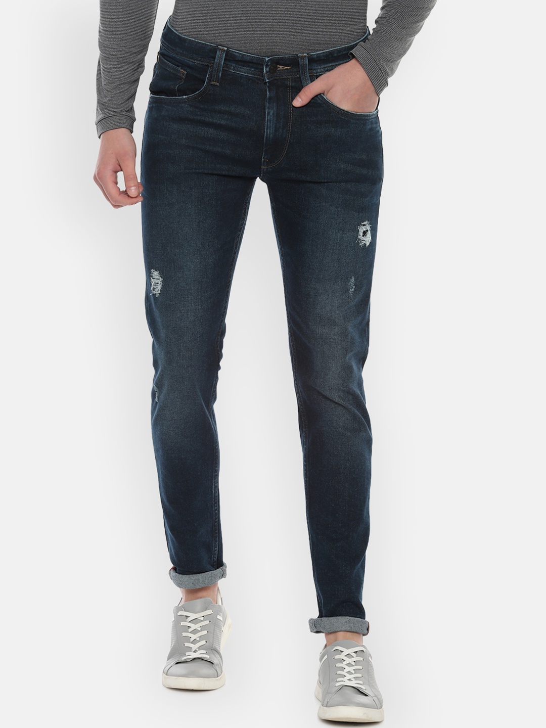 

Allen Solly Men Navy Blue Skinny Fit Mid-Rise Low Distress Stretchable Jeans