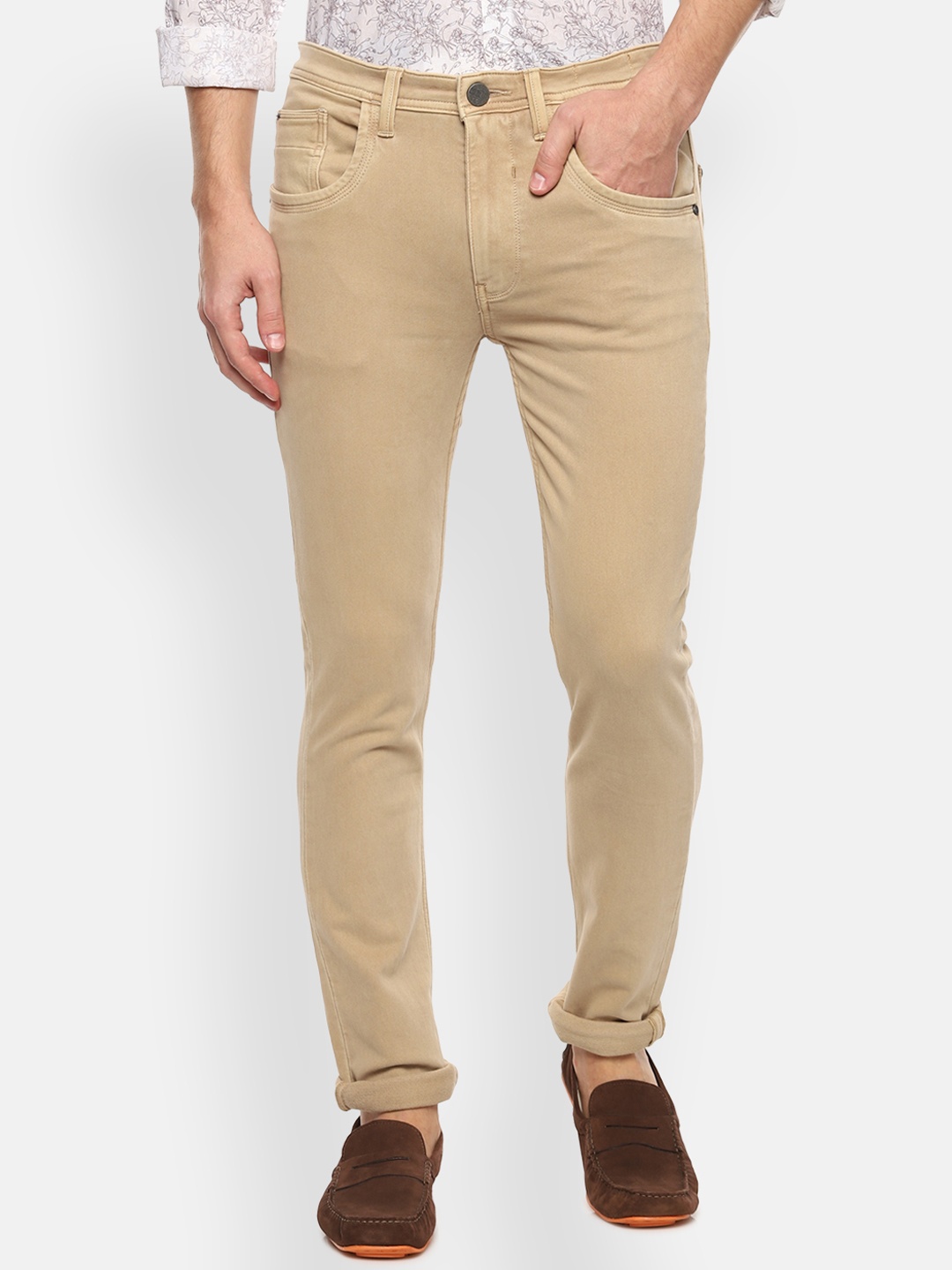 V Dot Men Beige Skinny Fit Mid-Rise Clean Look Stretchable Jeans