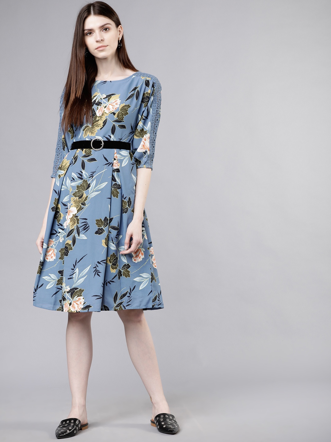 

Tokyo Talkies Women Blue Printed Fit and Flare Dress
