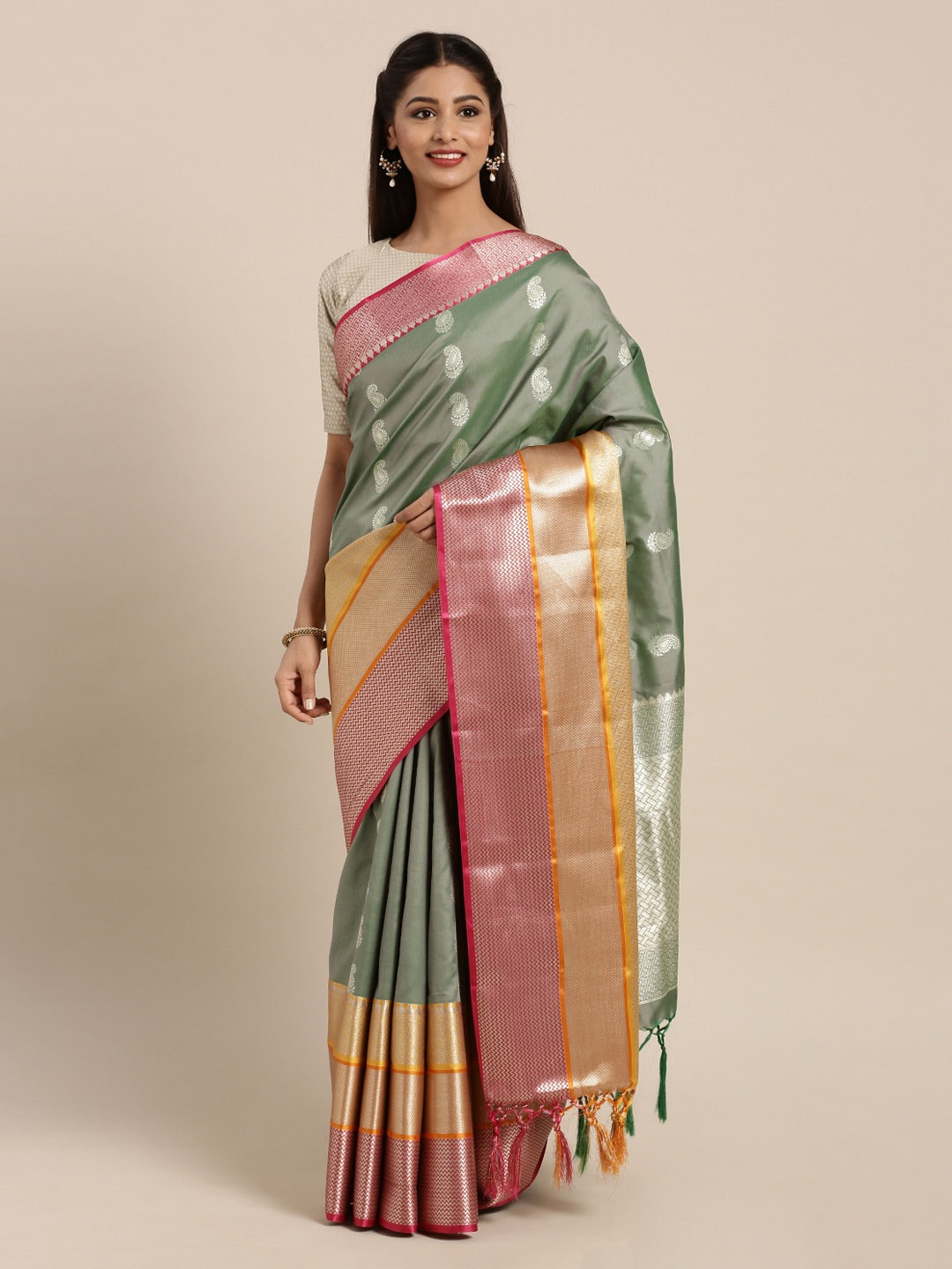 Mitera Olive Green & Pink Silk Blend Woven Design Kanjeevaram Saree