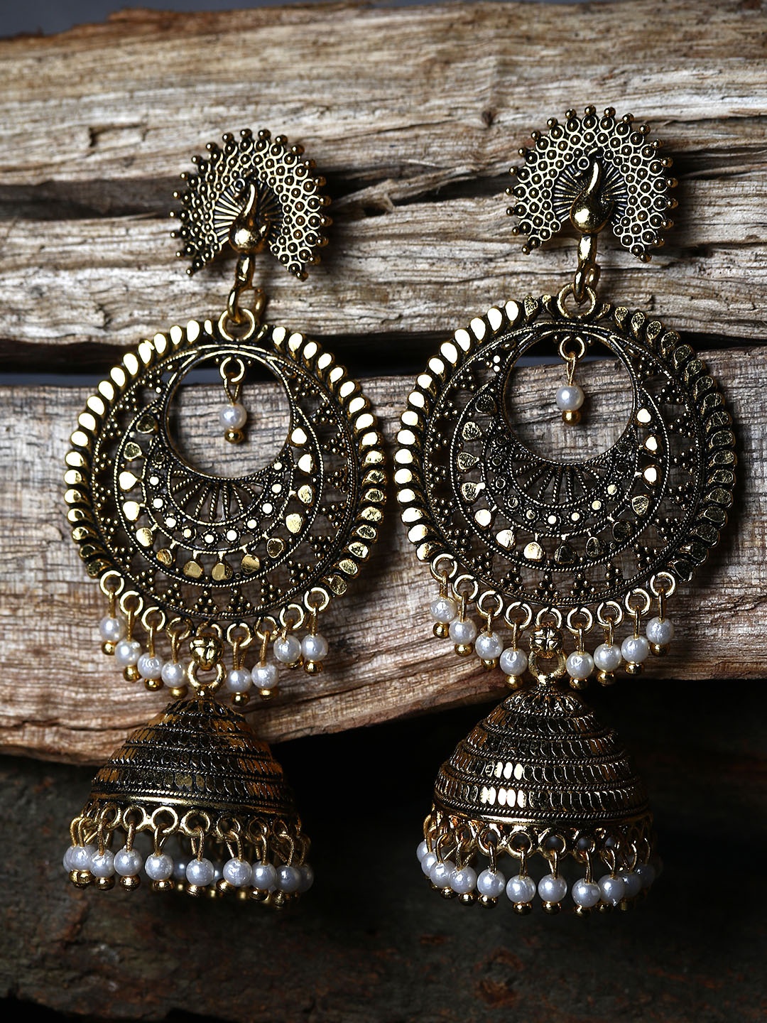 

ANIKAS CREATION Gold Plated & Black Crescent Shaped Enamelled Jhumkas