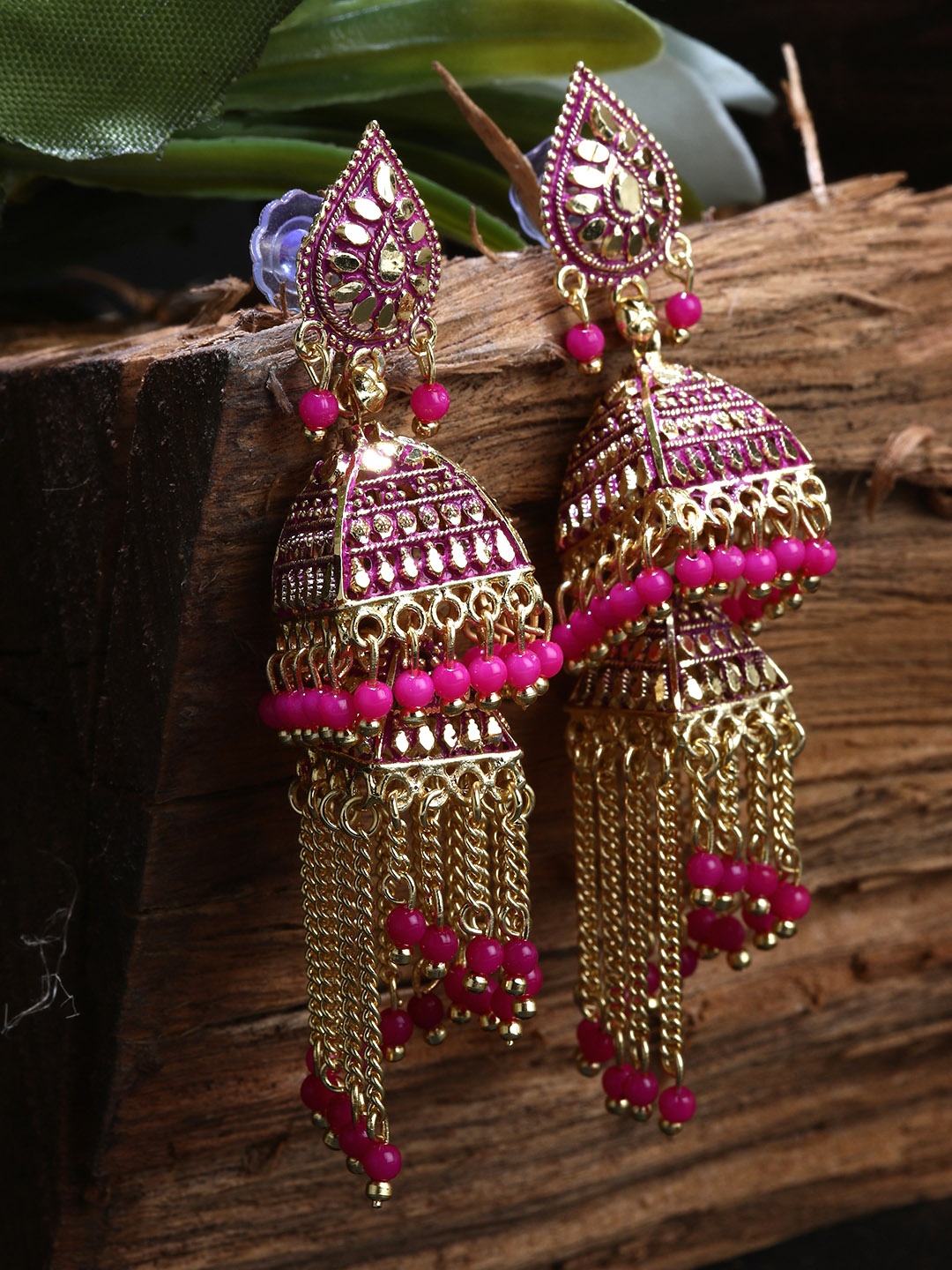 

ANIKAS CREATION Pink & Gold-Plated Enamelled Dome Shaped Jhumkas
