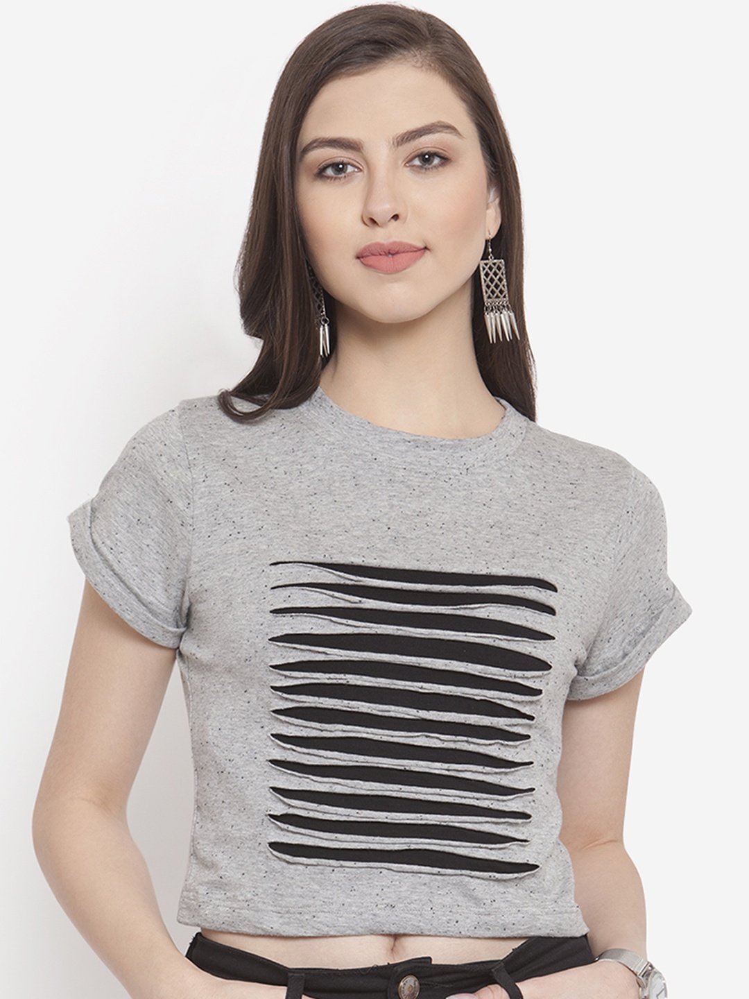 

Martini Women Grey & Black Striped Round Neck Crop T-shirt