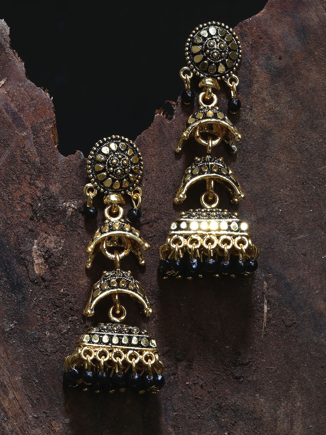 

ANIKAS CREATION Gold-Toned & Black Dome Shaped Jhumkas