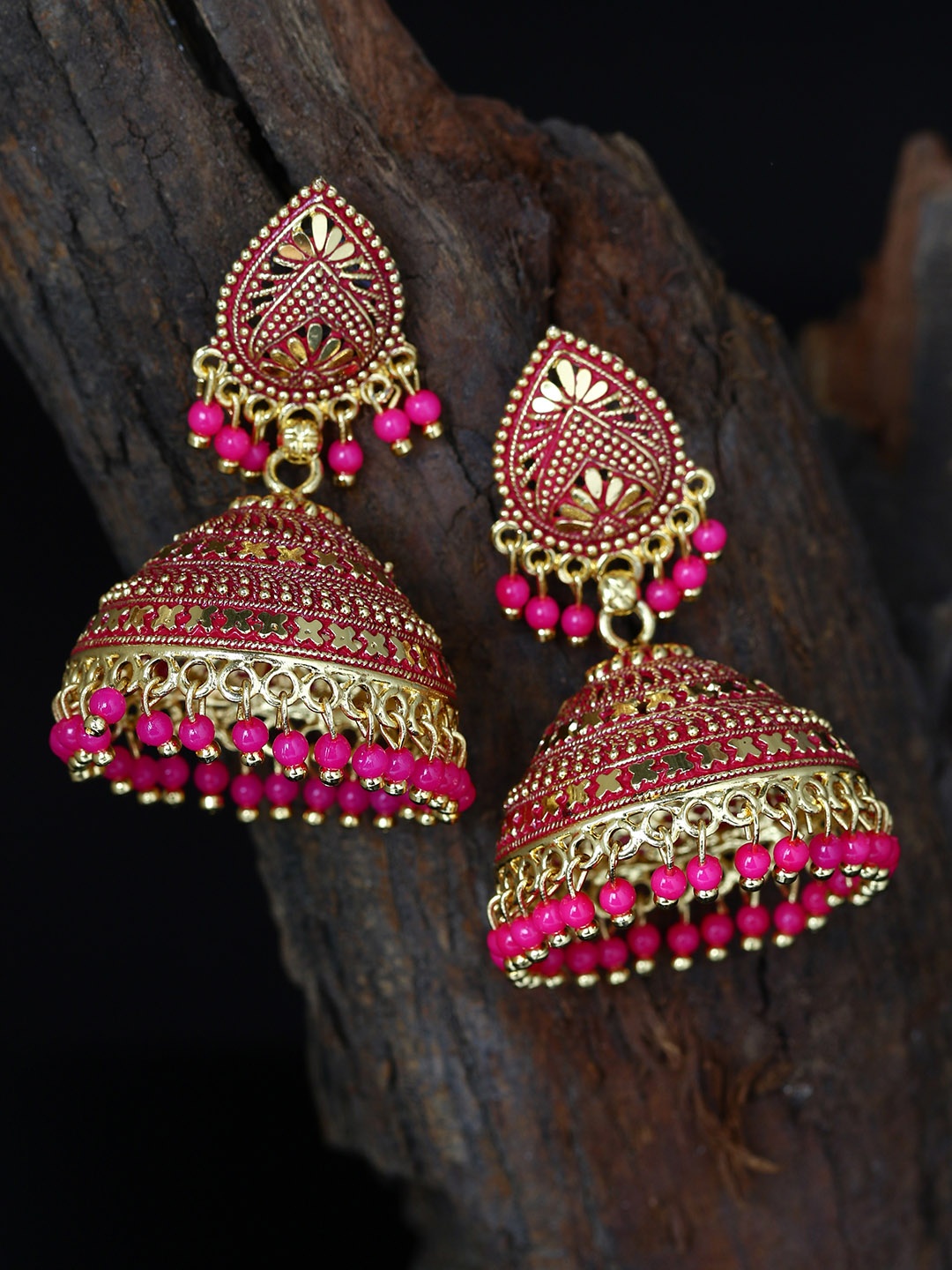 

ANIKAS CREATION Gold Plated & Pink Enamelled Dome Shaped Jhumkas