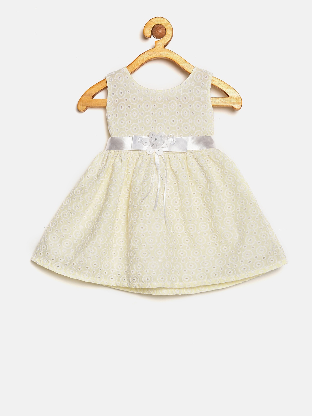 

La Bele Girls Yellow Schiffli Embroidered Fit and Flare Dress, Cream