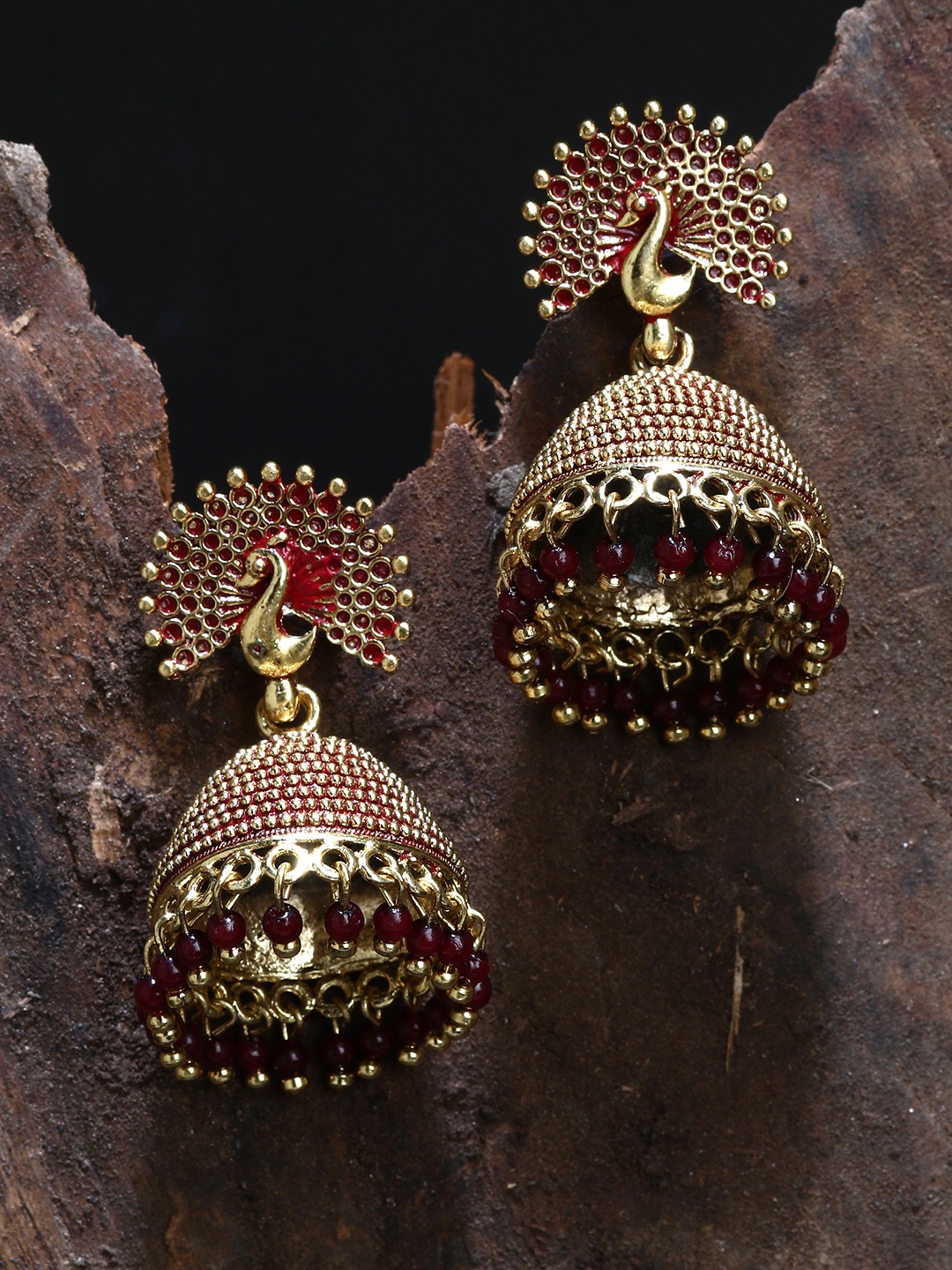 

ANIKAS CREATIOn Gold Plated & Maroon Enamelled Peacock Shaped Jhumkas