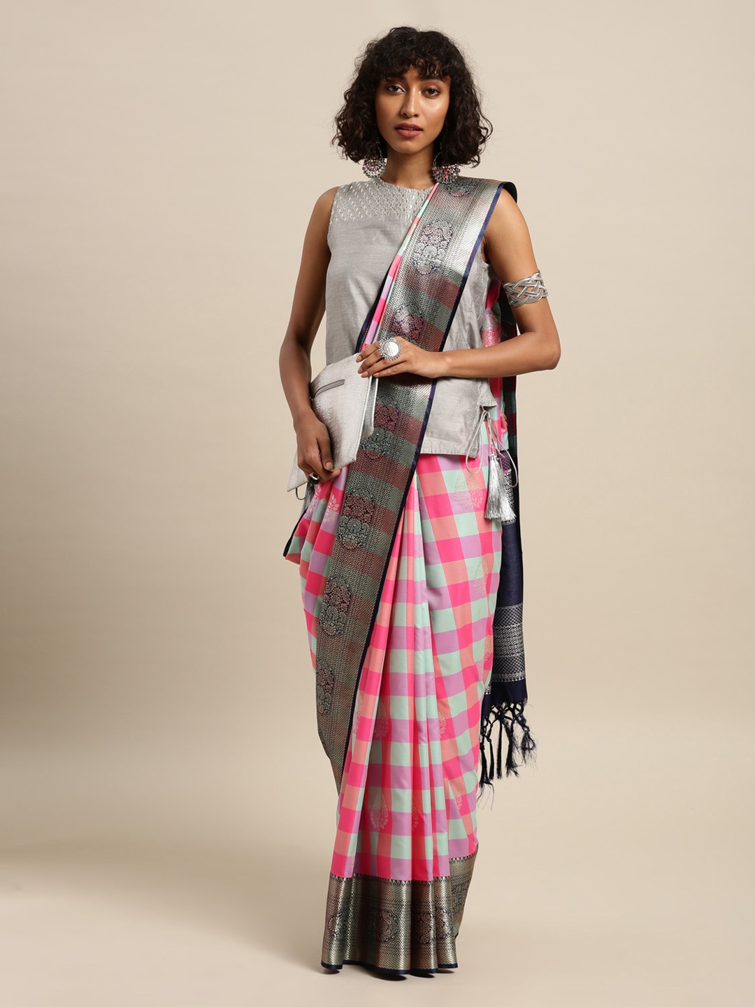 

Mitera Turquoise Blue & Pink Silk Blend Checked Kanjeevaram Saree