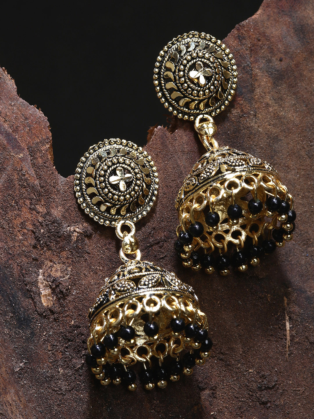 

ANIKAS CREATION Black & Gold-Plated Enamelled Dome Shaped Jhumkas