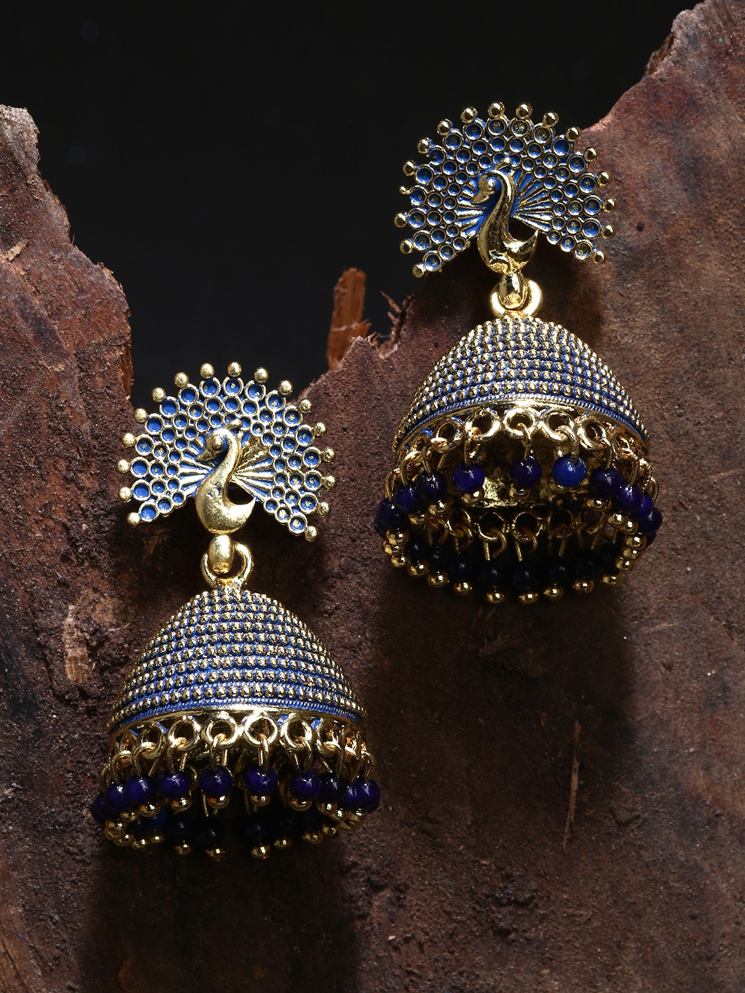 ANIKAS CREATION Gold Plated & Blue Enamelled Peacock Shaped Jhumkas