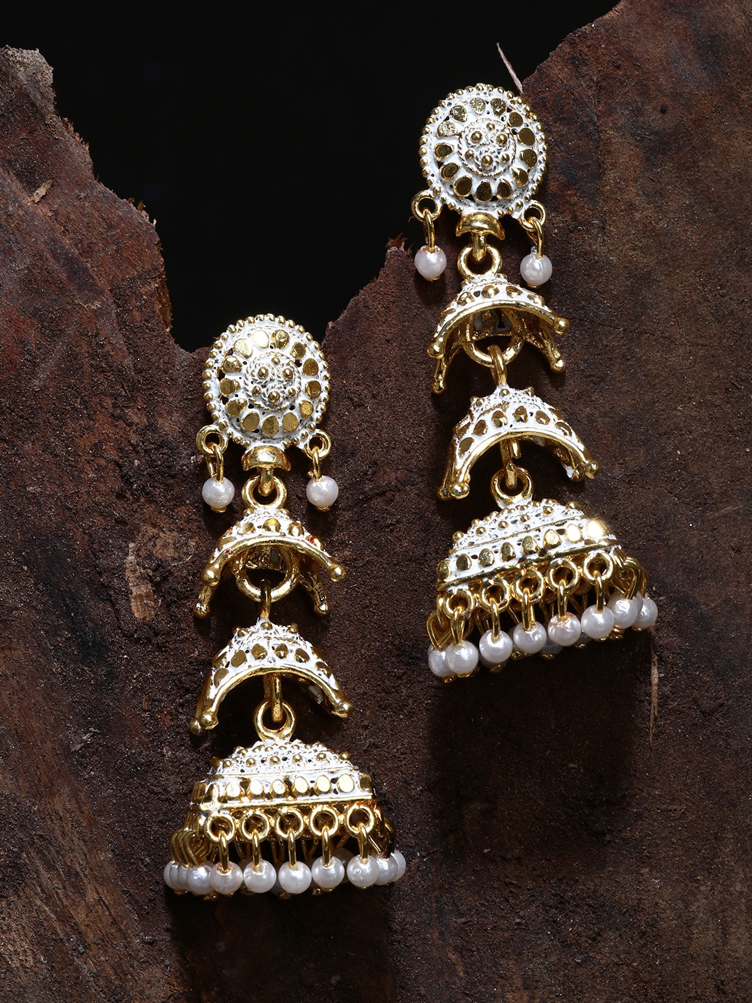

ANIKAS CREATION Gold plated & White Dome Shaped Enamelled Jhumkas