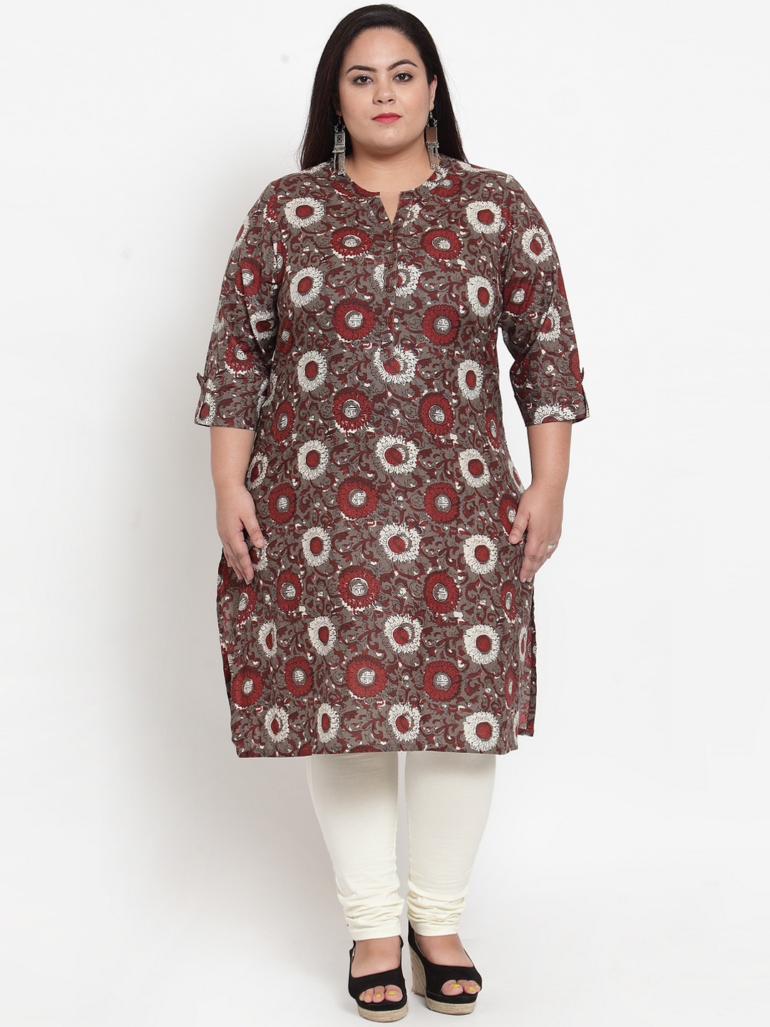 

plusS Women Brown Floral Printed Straight Kurta