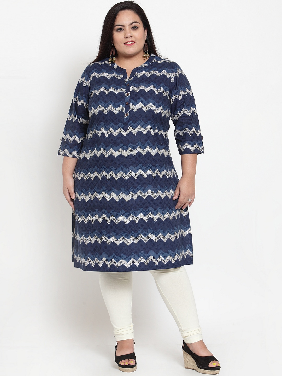 

plusS Women Navy Blue & Off-White Printed Straight Kurta