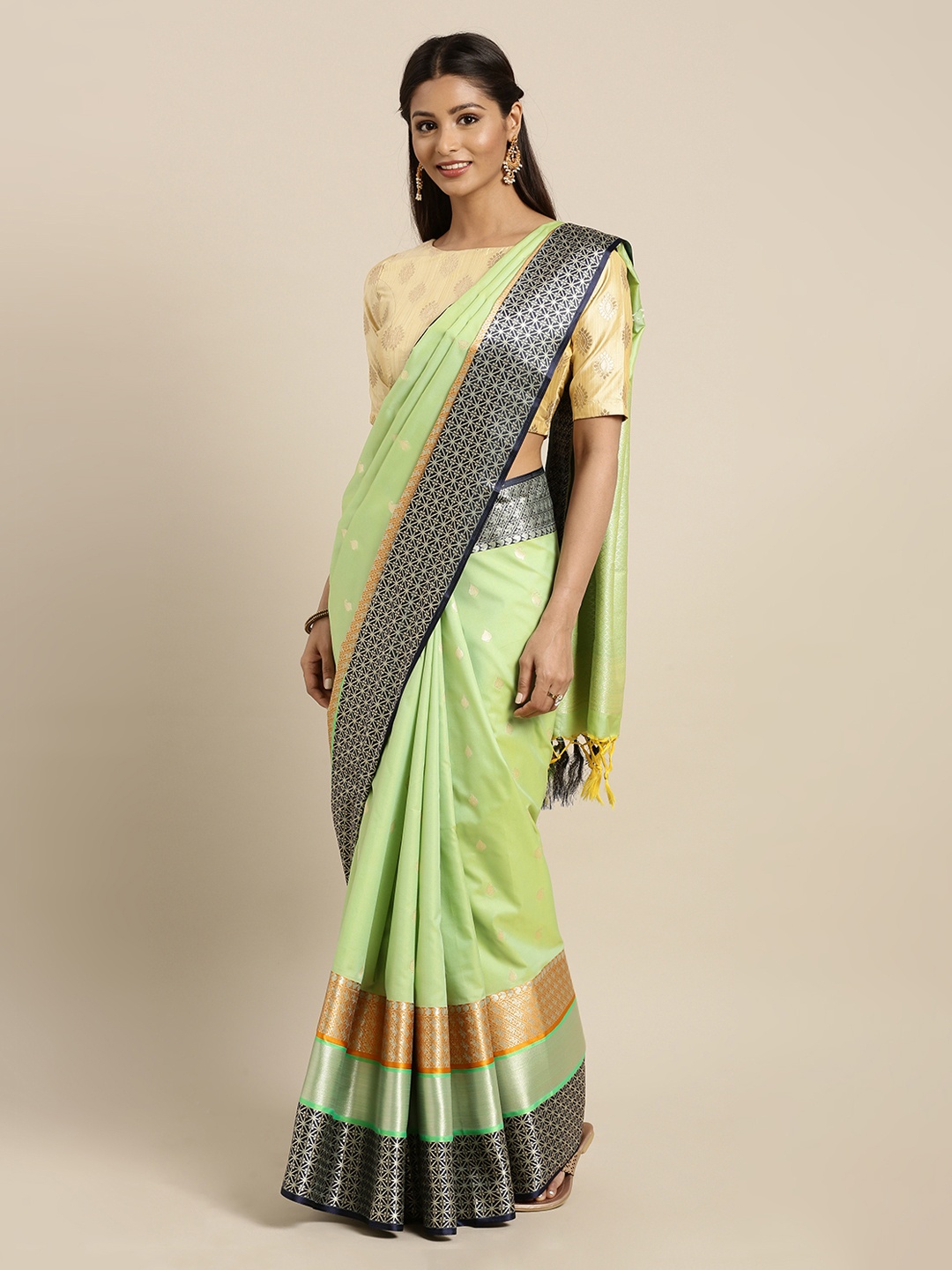 

Mitera Green & Navy Blue Silk Blend Woven Design Kanjeevaram Saree
