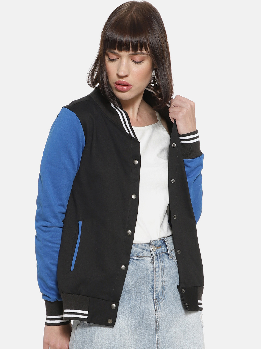 

Campus Sutra Women Black & Blue Solid Bomber Jacket