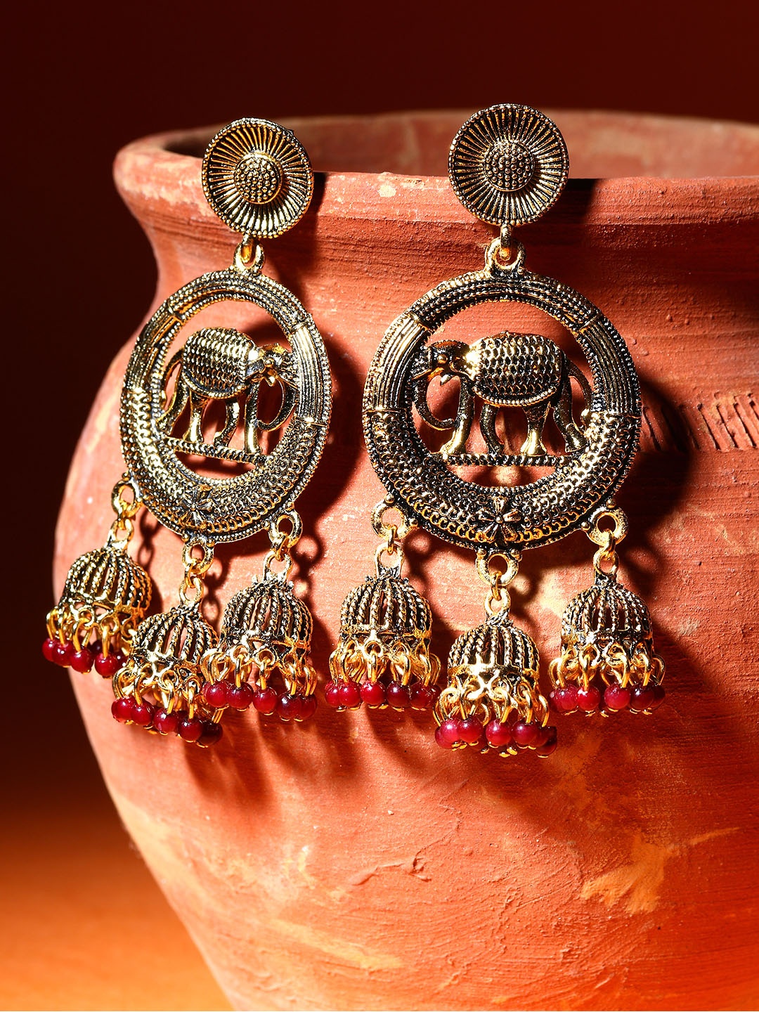 

ANIKAS CREATION Gold Plated & Maroon Enamelled Circular Shaped Drop Earrings
