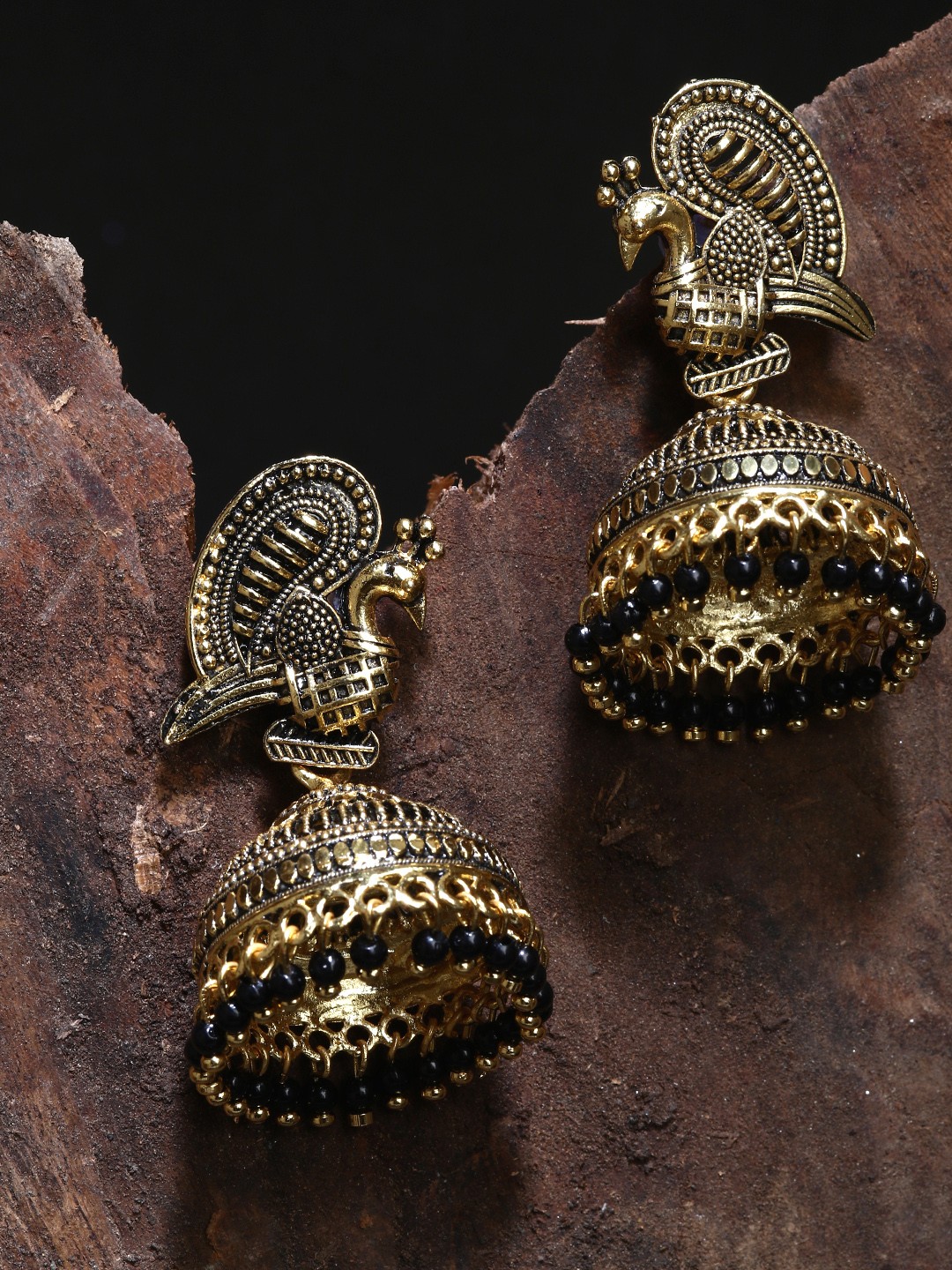 

ANIKAS CREATIOn Gold Plated & Black Enamelled Dome Shaped Jhumkas