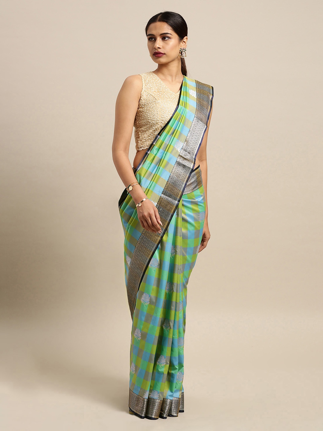 

Mitera Turquoise Blue & Green Silk Blend Checked Kanjeevaram Saree