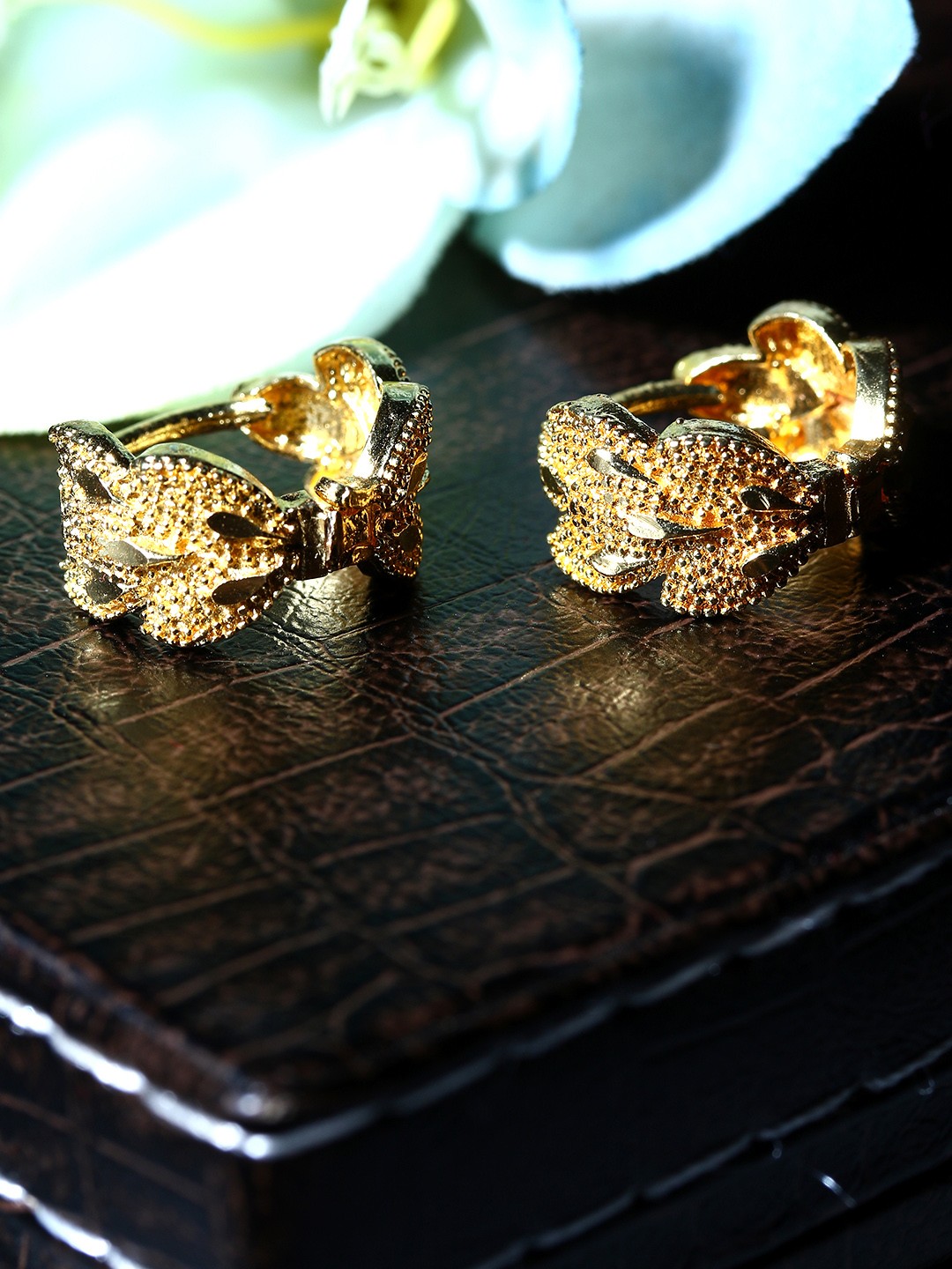 

ANIKAS CREATION Gold-Plated Antique Leaf Shaped Hoop Earrings