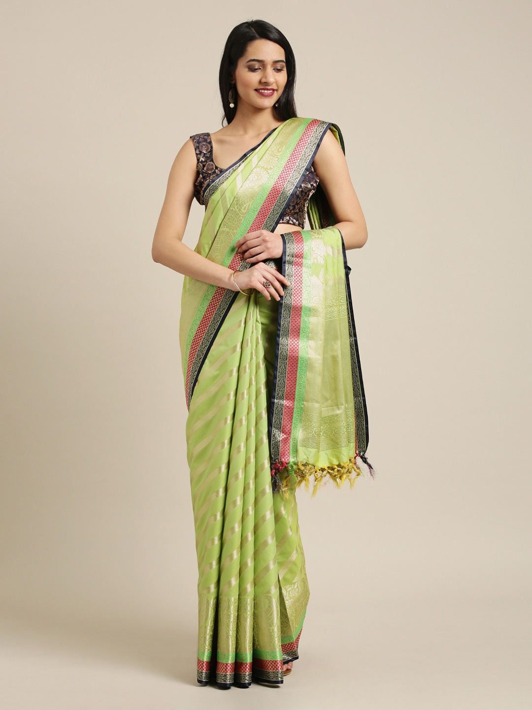 

Mitera Green Silk Blend Woven Design Kanjeevaram Saree