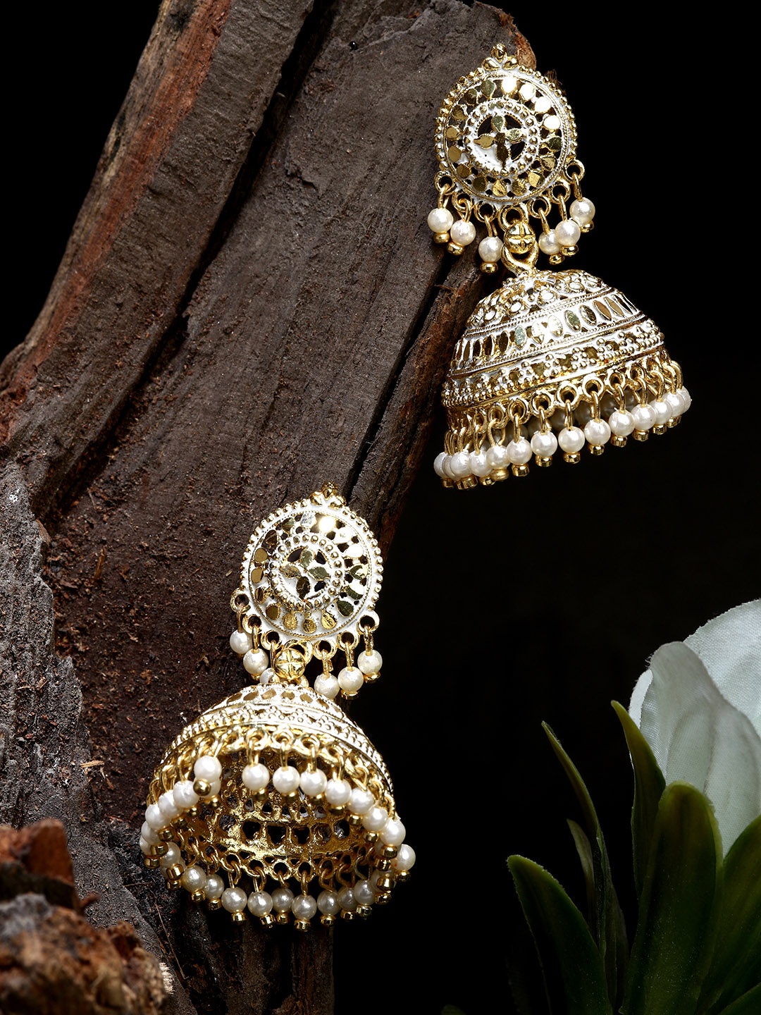 

ANIKAS CREATION Gold Plated & White Enamelled Dome Shaped Jhumkas