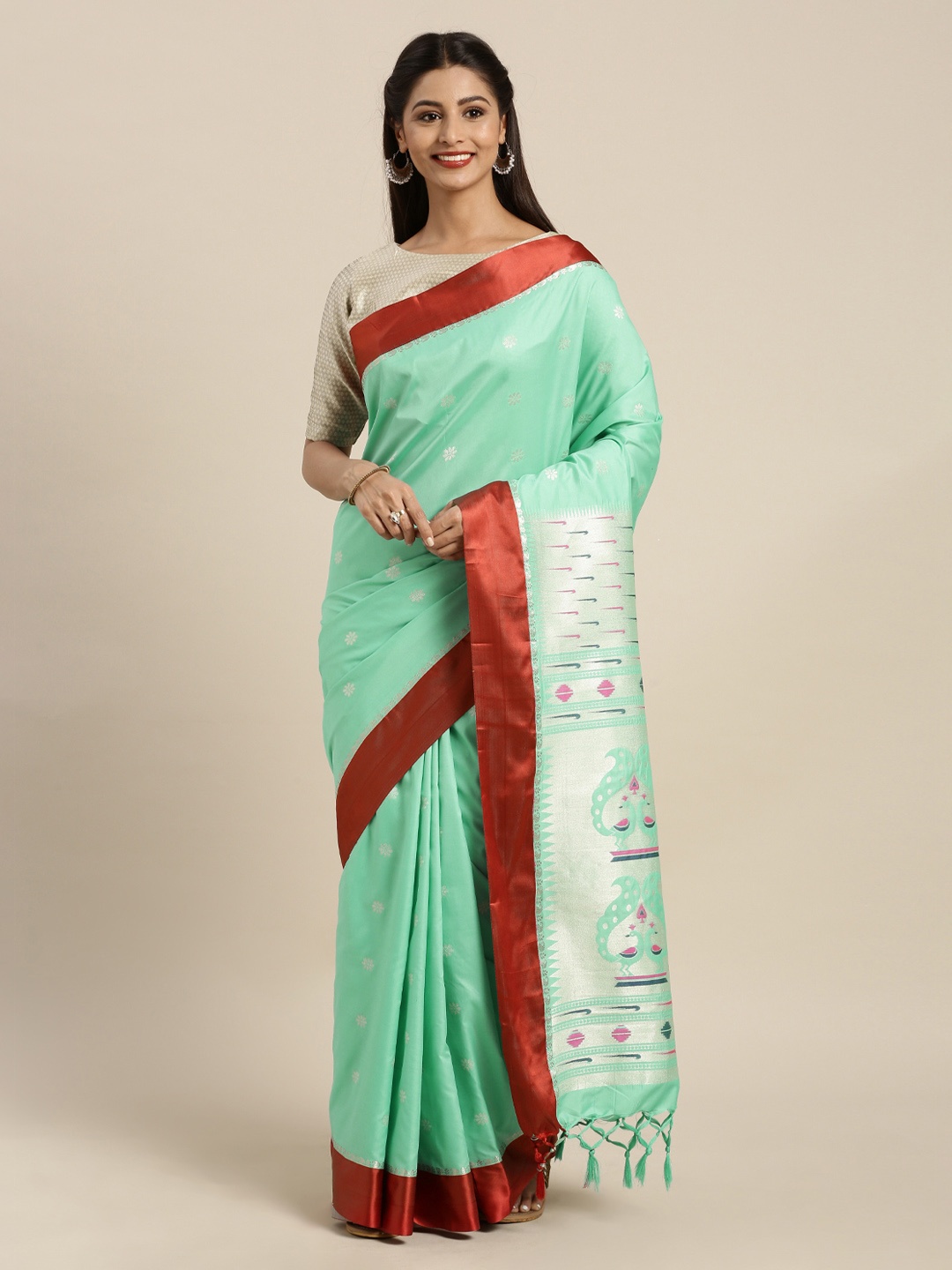 

Mitera Sea Green Silk Blend Woven Design Paithani Saree