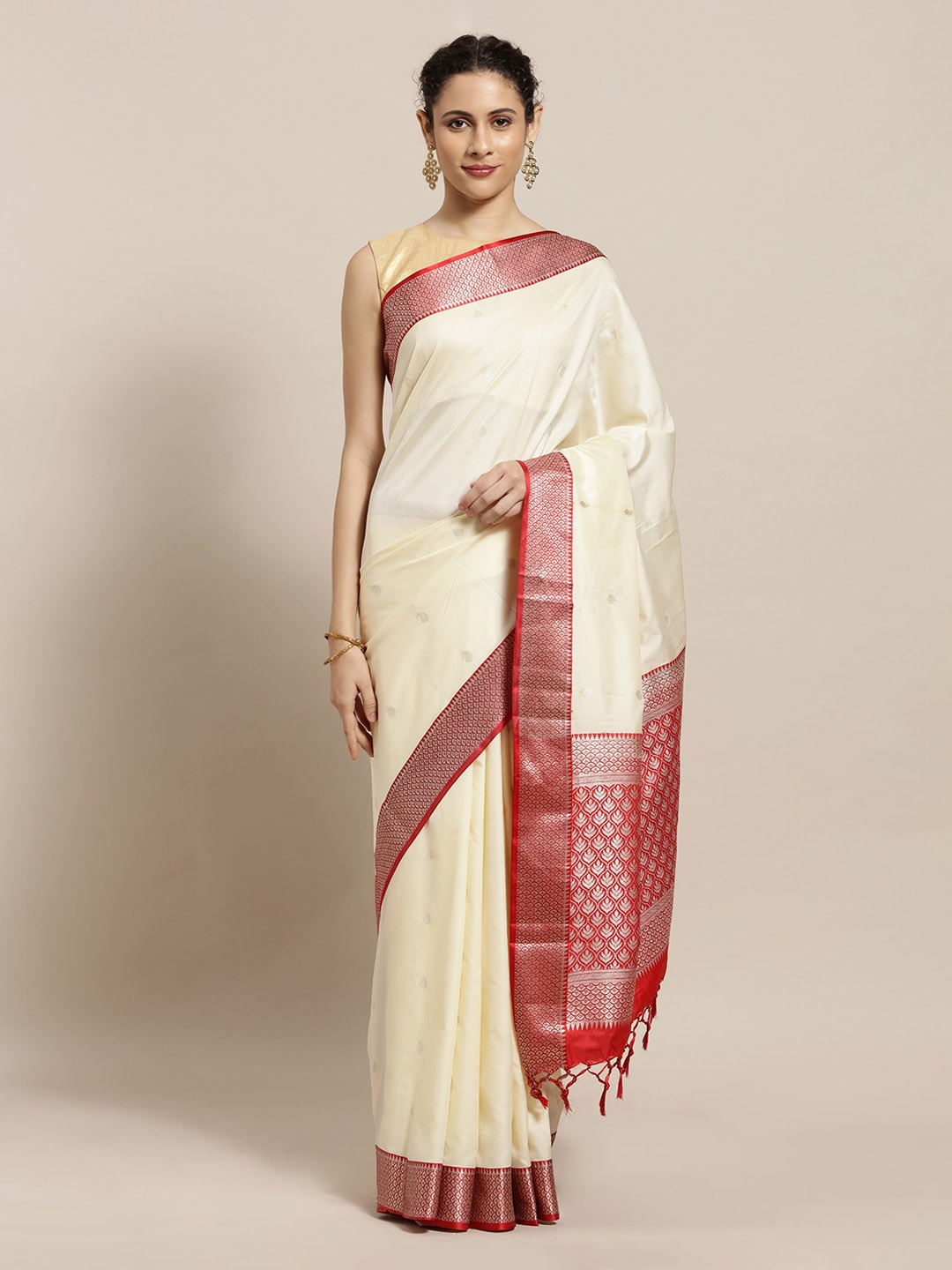 

Mitera Cream-Coloured & Red Silk Blend Woven Design Kanjeevaram Saree