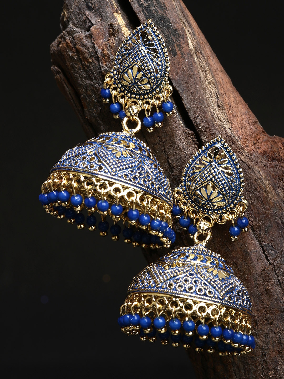 ANIKAS CREATION Gold plated & Blue Dome Shaped Enamelled Jhumkas