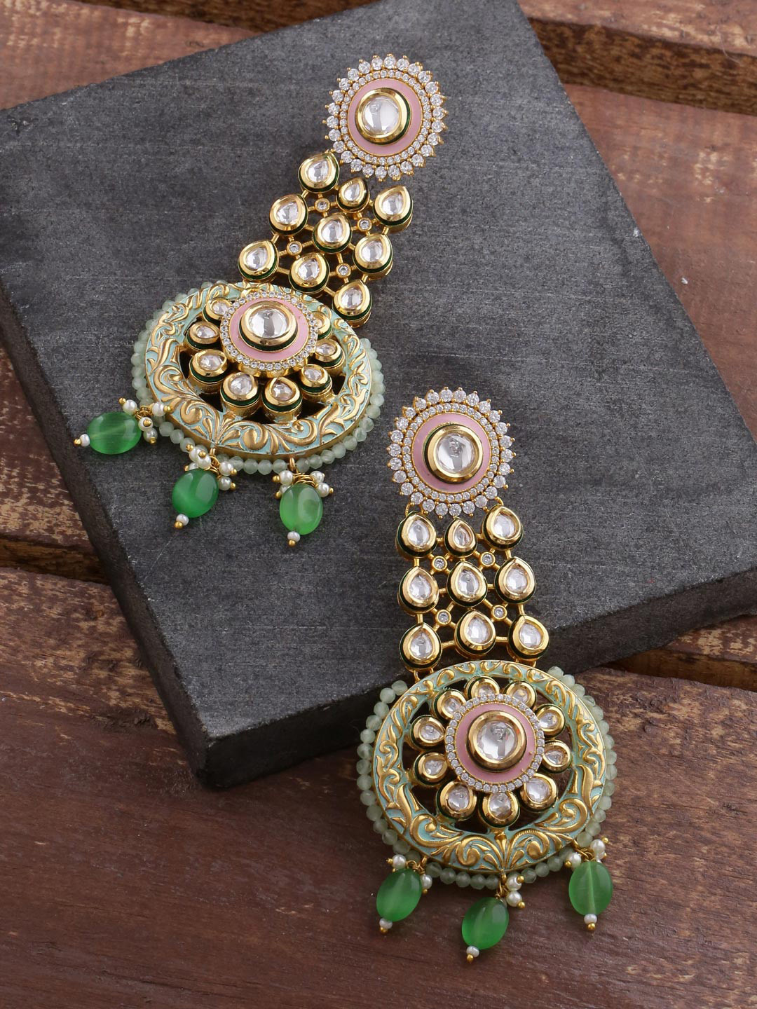 

Tistabene Gold-Plated & Green Circular Drop Earrings