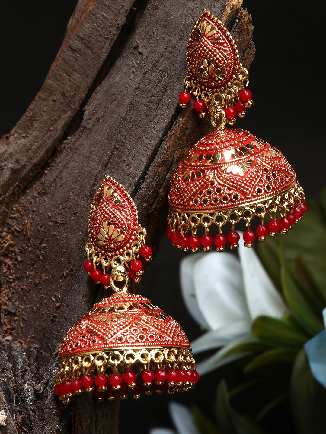 ANIKAS CREATION Gold plated & Red Dome Shaped Enamelled Jhumkas