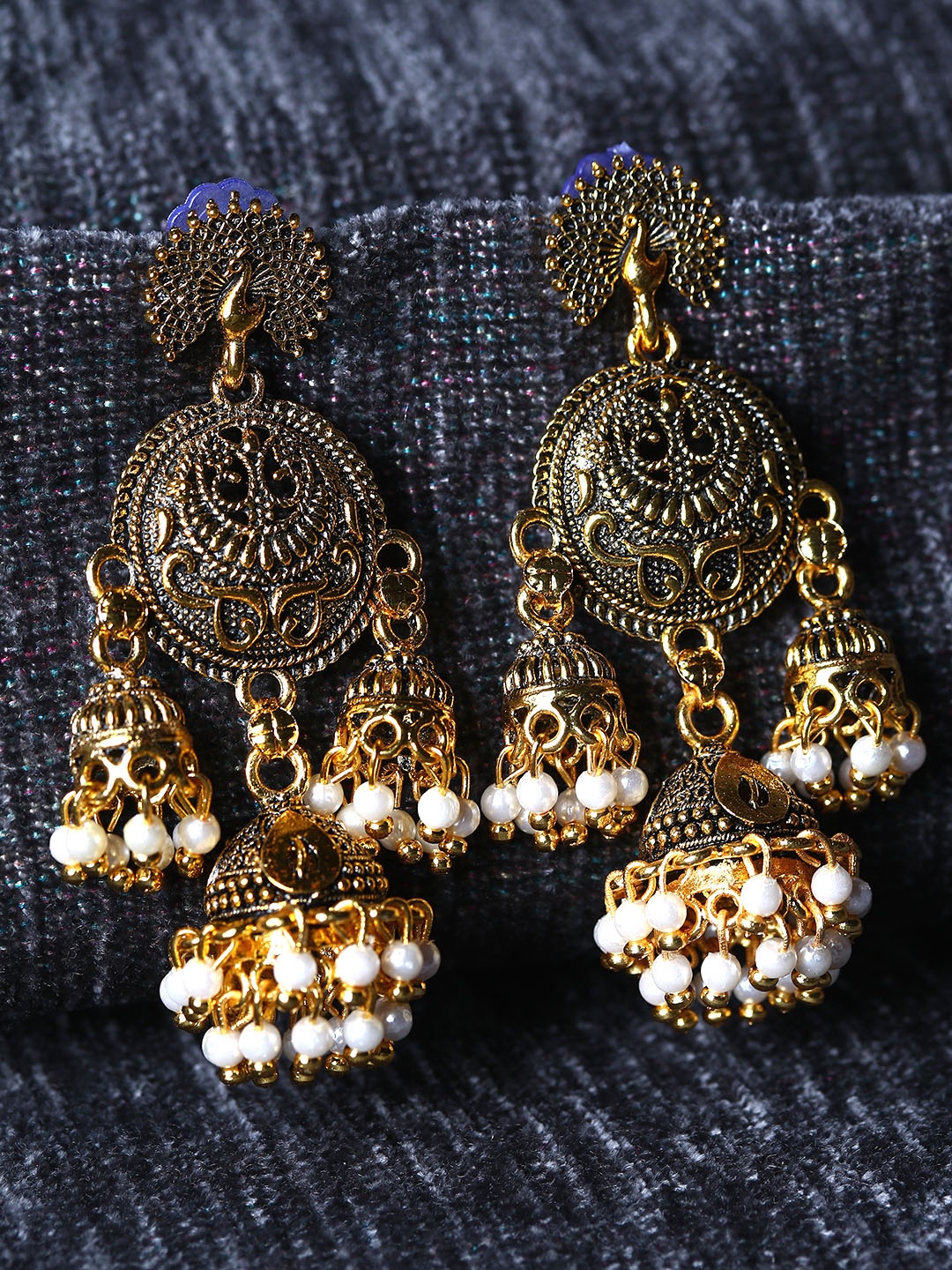 

ANIKAS CREATION Gold Plated & Gunmetal-Toned enamelled Peacock Shaped Drop Earrings, Metallic
