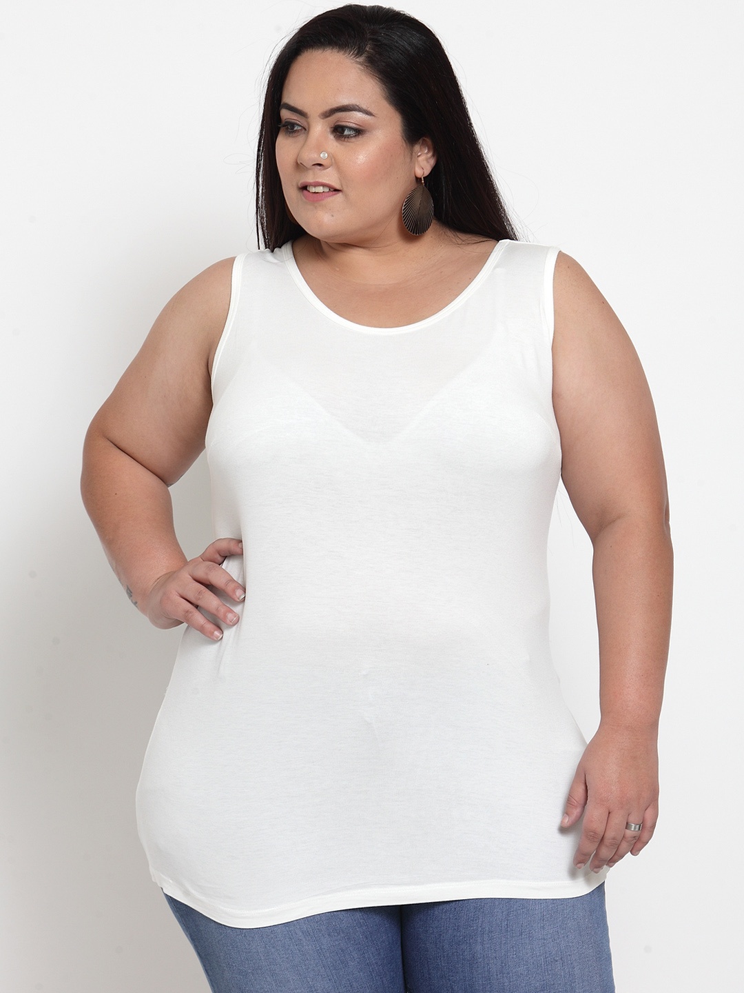 

plusS Women White Solid Longline Pure Cotton Top
