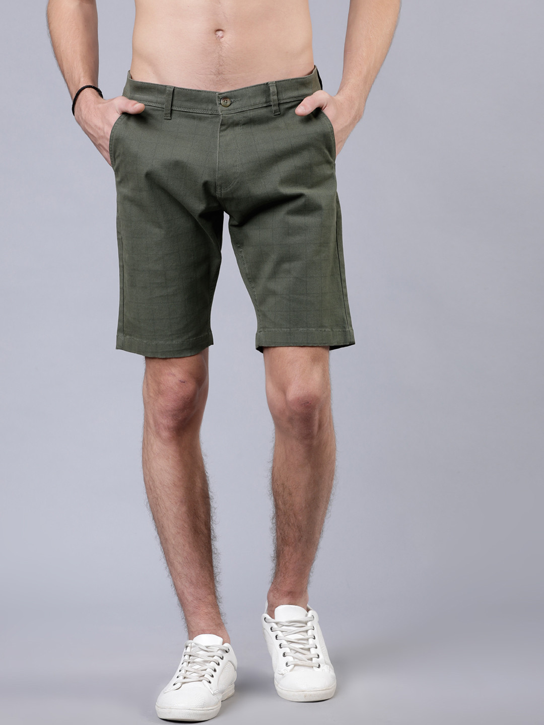 

HIGHLANDER Men Olive Green Checked Slim Fit Regular Shorts