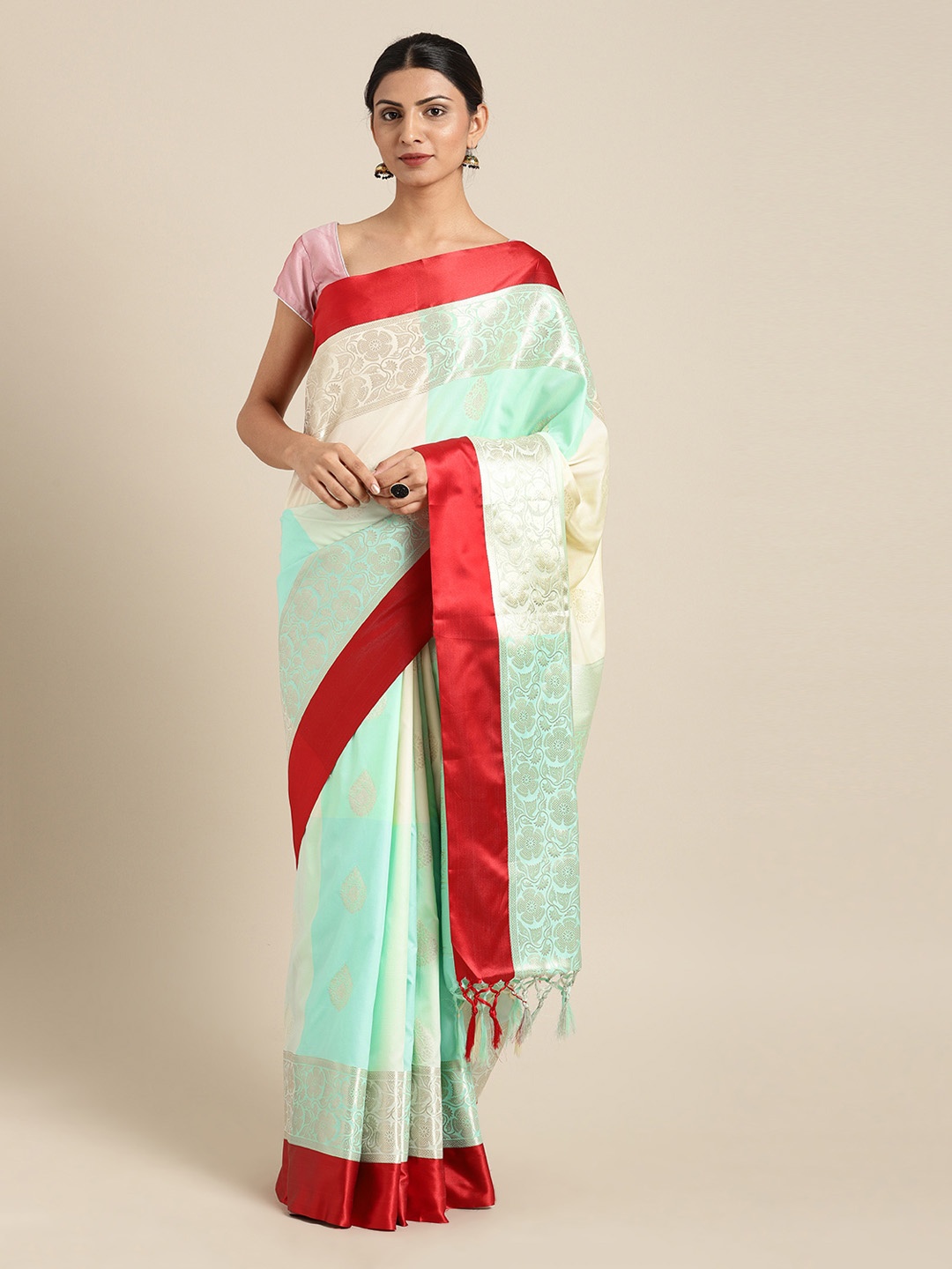 

Mitera Sea Green Silk Blend Woven Design Kanjeevaram Saree