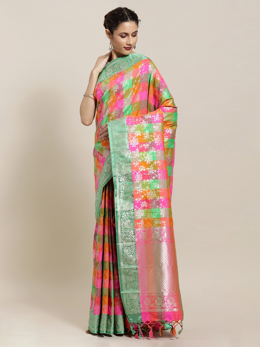

Mitera Pink & Green Silk Blend Woven Design Banarasi Saree