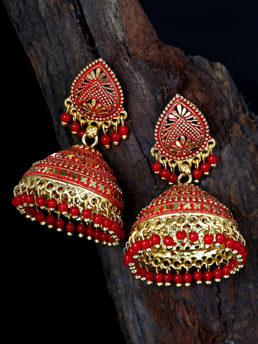 

ANIKAS CREATION Gold Plated & Red Dome Shaped Enamelled Jhumkas