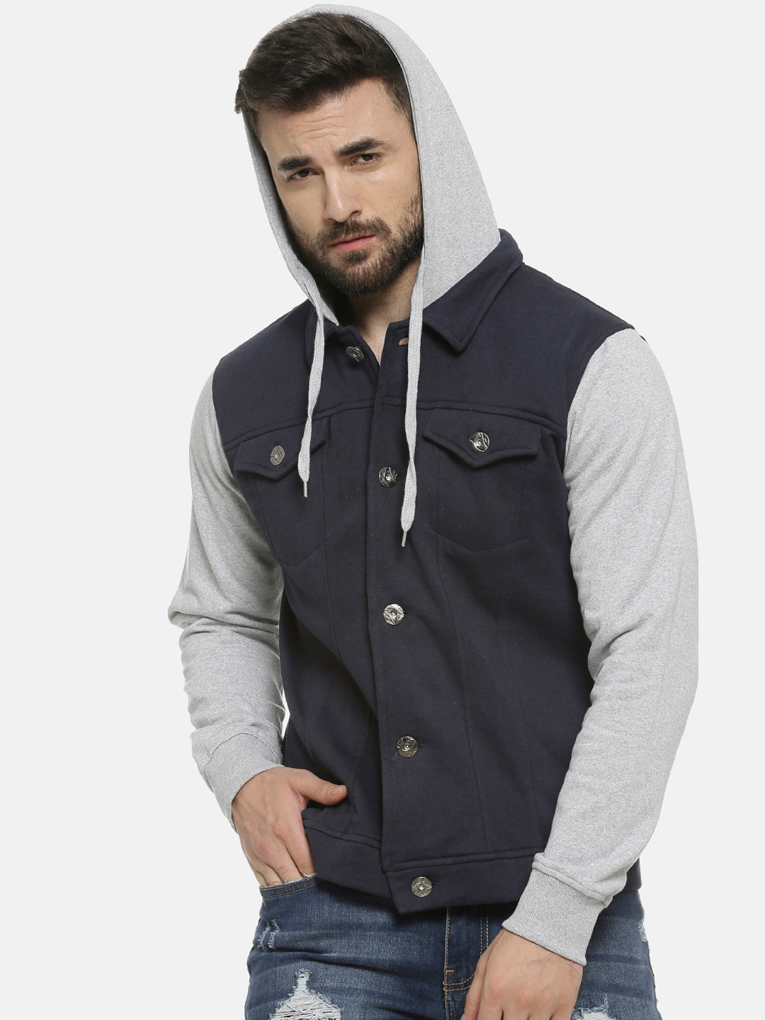 

Campus Sutra Men Navy Blue Colourblocked Windcheater Jacket