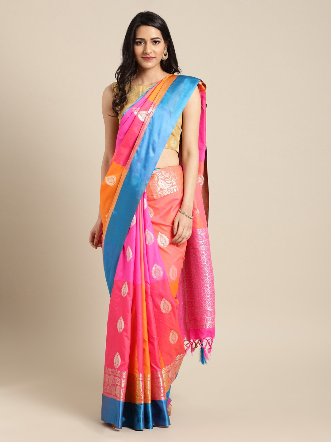 

Mitera Pink & Orange Silk Blend Woven Design Kanjeevaram Saree