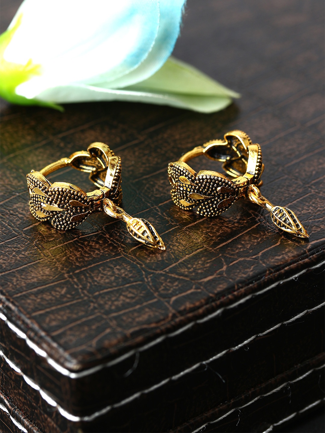 

ANIKAS CREATION Gunmetal-Toned & Gold-Plated Antique Circular Drop Earrings, Metallic
