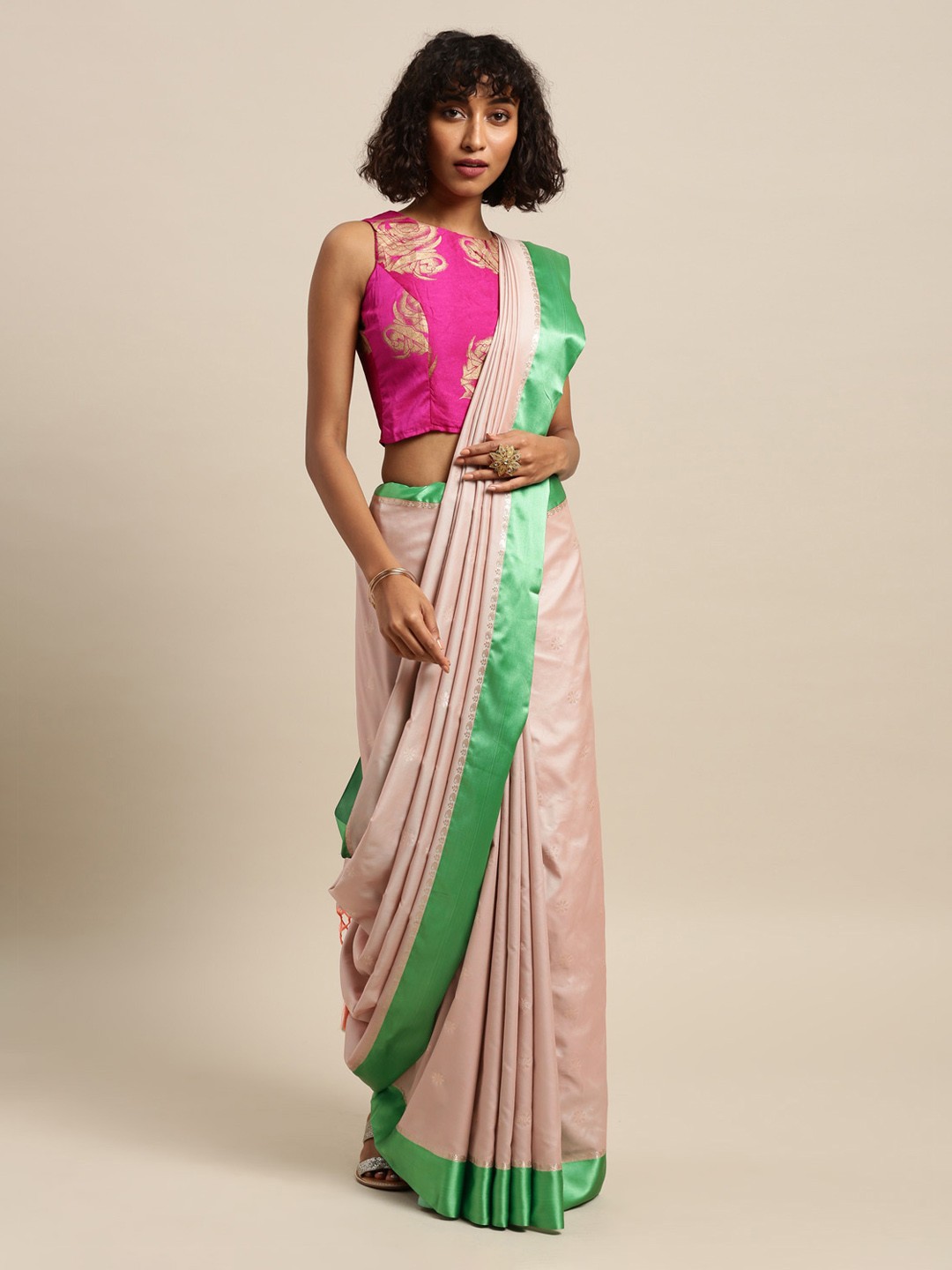 

Mitera Cream-Coloured & Green Silk Blend Woven Design Paithani Saree