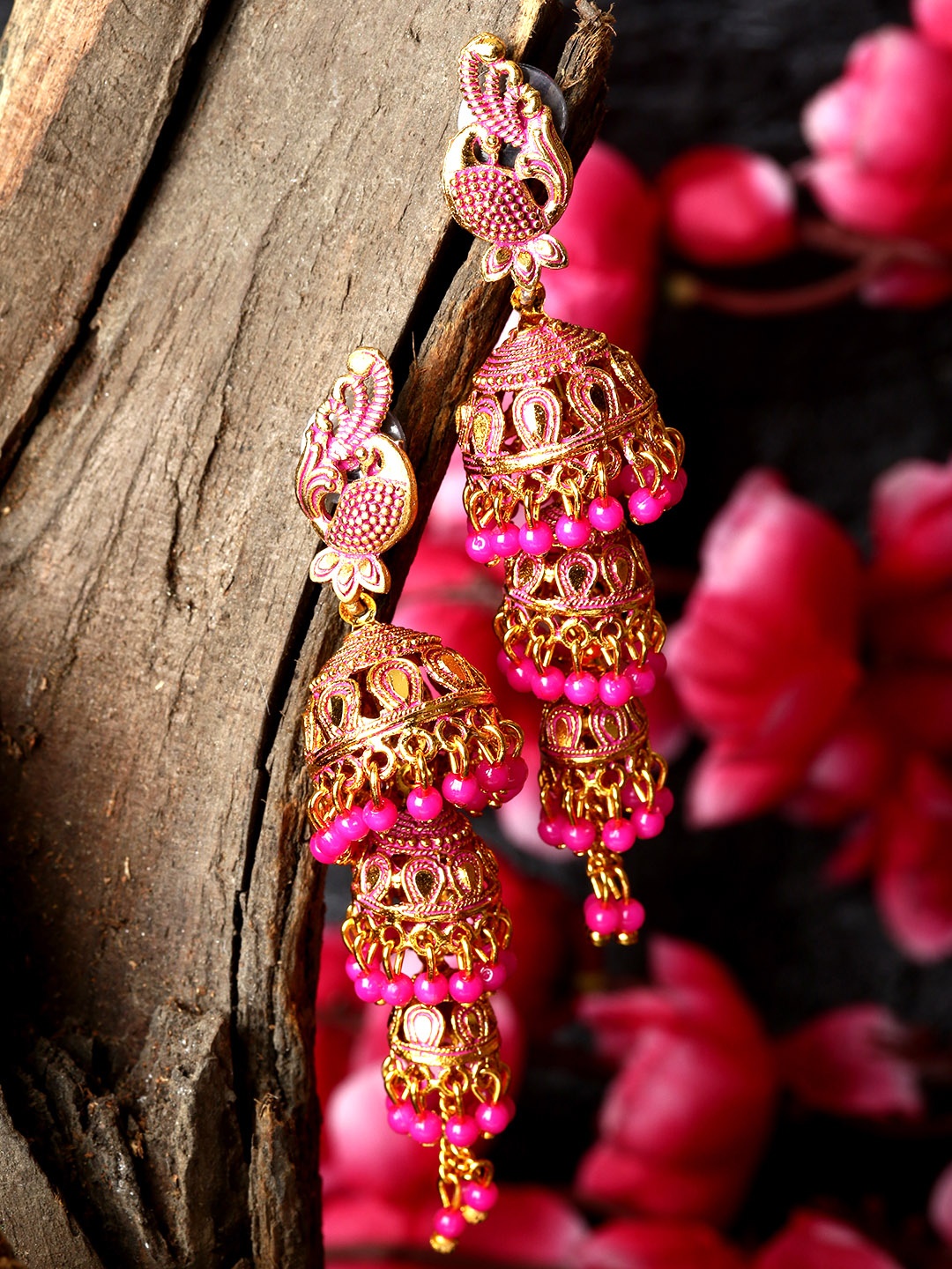 ANIKAS CREATION Gold Plated & Pink Enamelled Dome Shaped Jhumkas