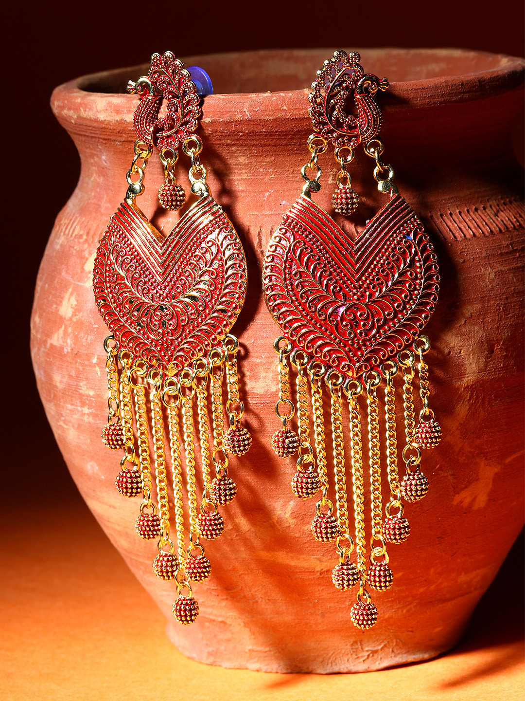 

ANIKAS CREATION Red & Gold-Plated Enamelled Peacock Shaped Drop Earrings