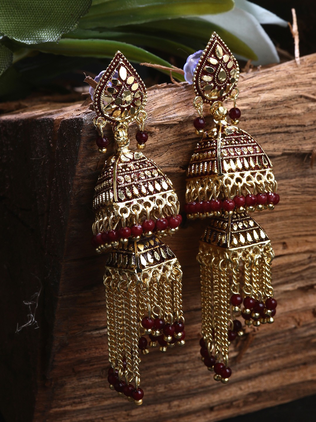 

ANIKAS CREATION Maroon & Gold-Plated Enamelled Dome Shaped Jhumkas
