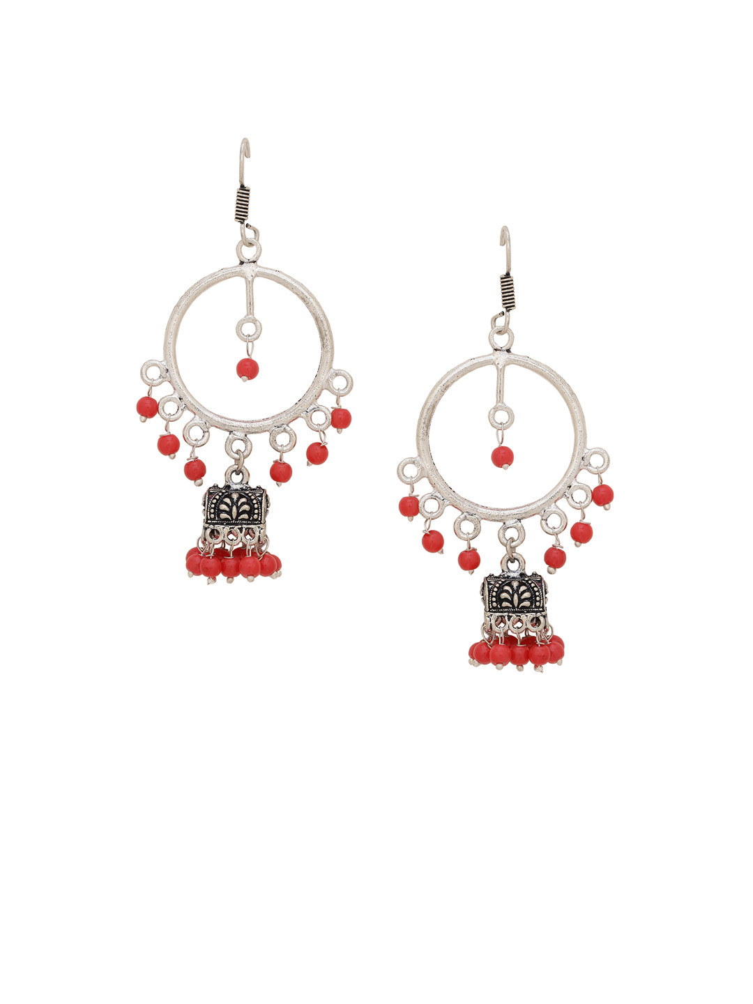

Silvermerc Designs Oxidised Silver-Plated & Red Handcrafted Circular Drop Earrings