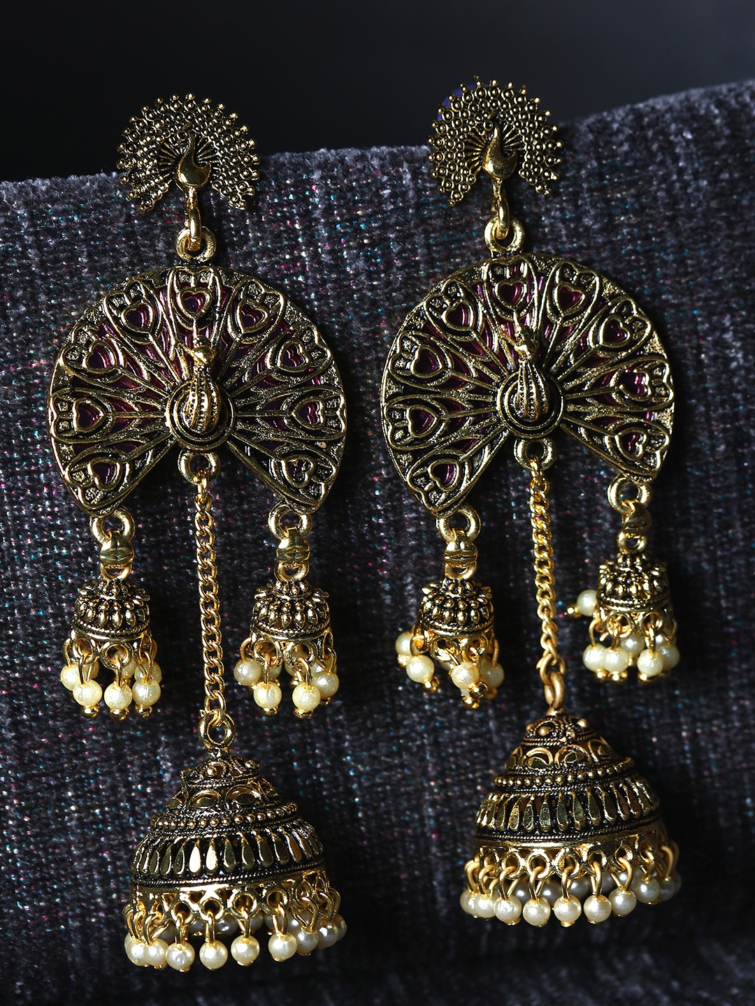 ANIKAS CREATION Gold Plated & Purple Enamelled Peacock Shaped Jhumkas