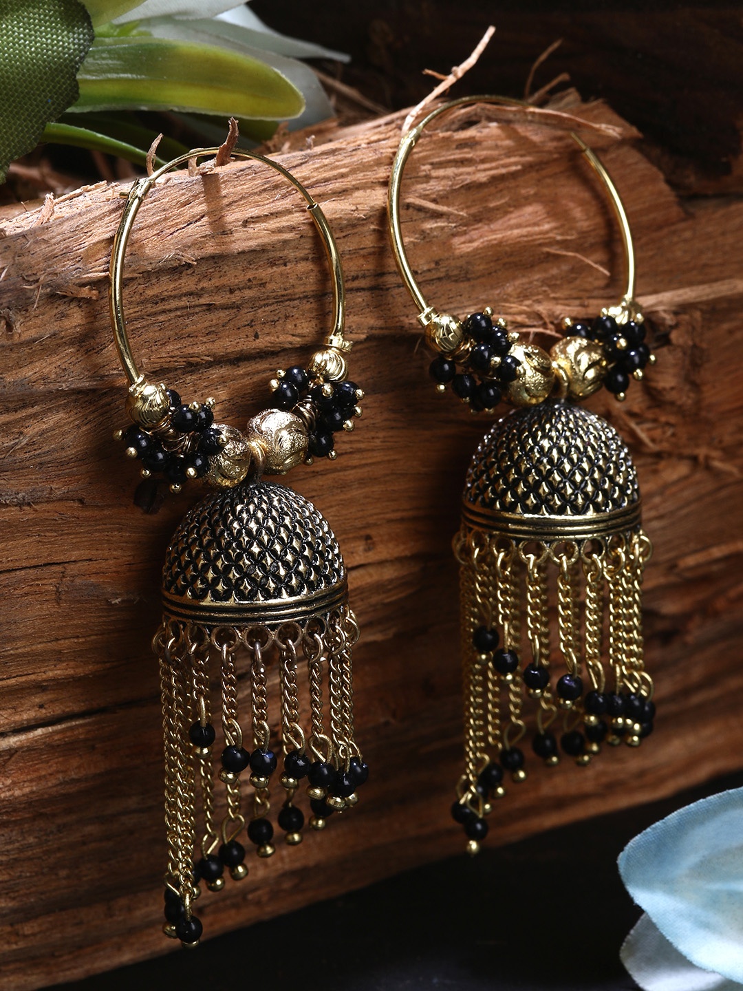 ANIKAS CREATION Black & Gold-Plated Enamelled Dome Shaped Jhumkas