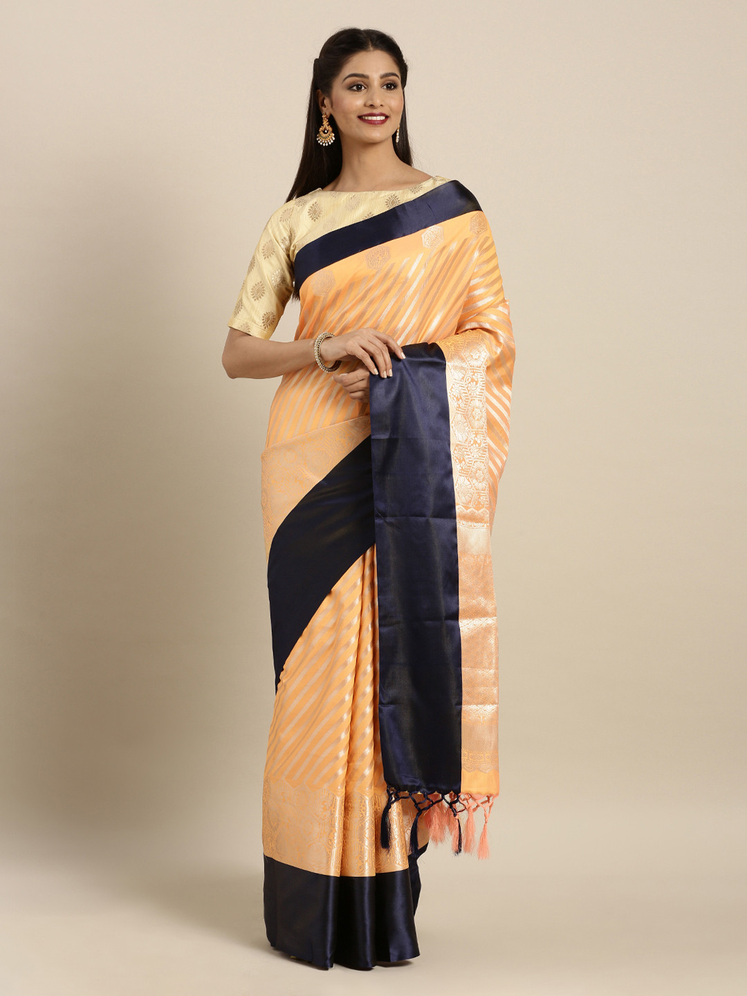 

Mitera Peach-Coloured & Gold-Coloured Silk Blend Woven Design Kanjeevaram Saree