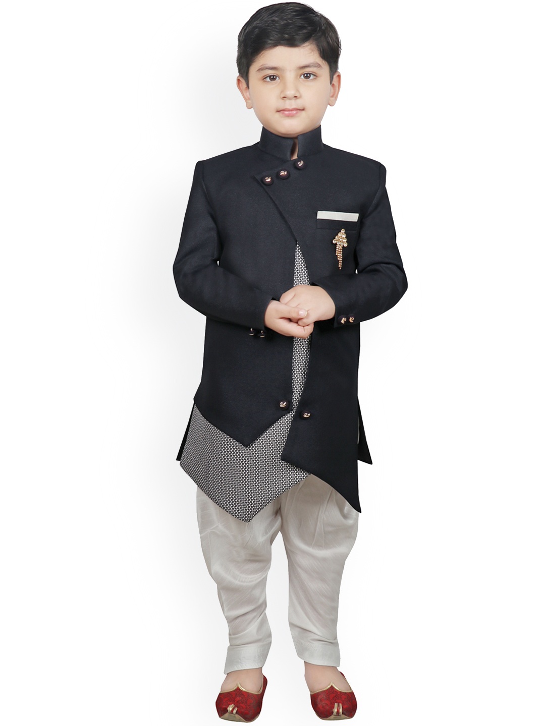 SG YUVRAJ Boys Black & White Solid Silk Sherwani